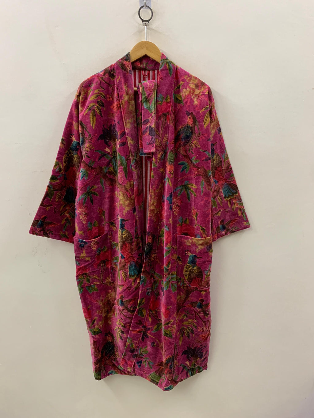 Pink Floral Print Velvet Kimono Robe | Bold Animal Print Loungewear | Soft Boho Dressing Gown with Belt |Statement Kimono Jacket| Glam Robe