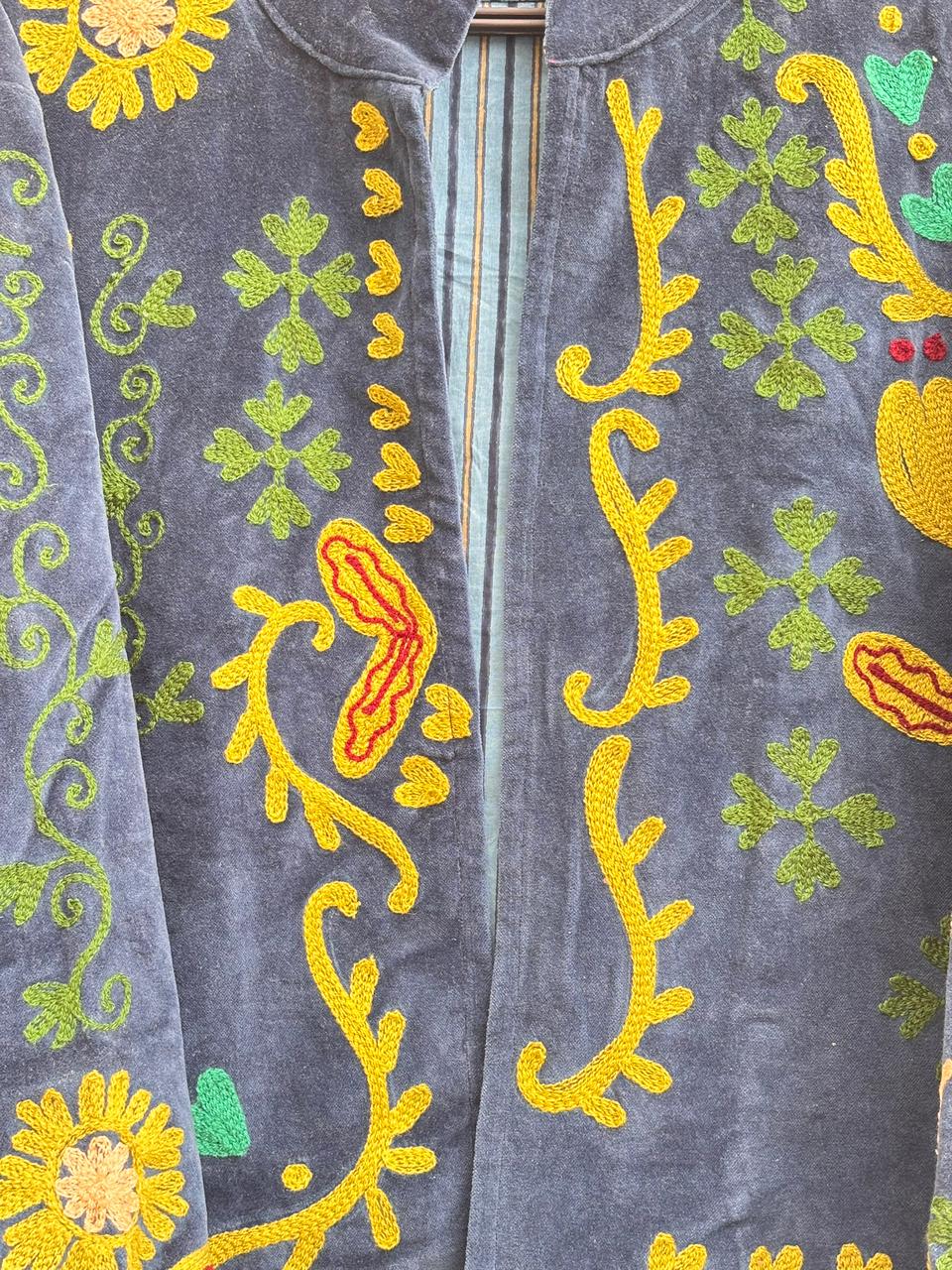 Suzani Embroidered Velvet Jacket | Short Festival Coat | Ethnic Bohemian Outerwear | Winter Kimono Jacket | Gift For Wife | Artisanal Jacket