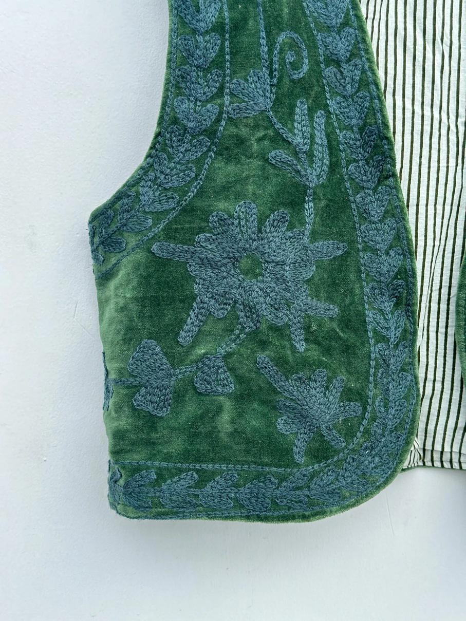 Boho Suzani Velvet Vest | Hand Floral Sleeveless Jacket | Vintage Inspired Festival Statement Layer | Green Ethnic Waistcoat | Gift for Her
