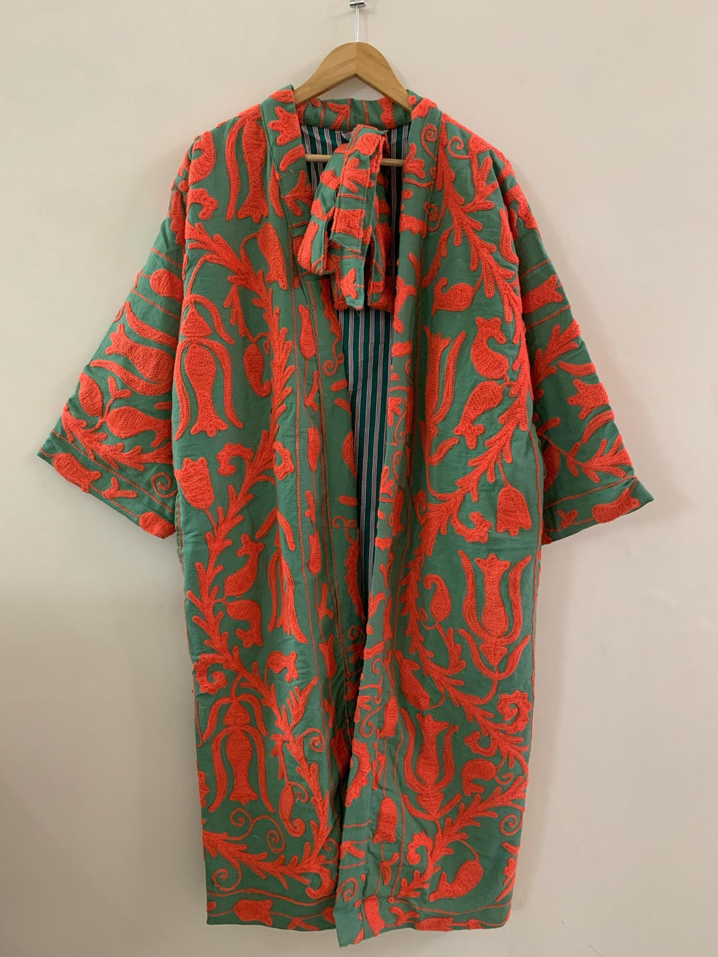 Vintage Canvas Cotton Kimono Summer Long Jacket | Hand Embroidered Robe | Boho Clothing | Statement Kimono | Dressing Gown | Gift For Wife