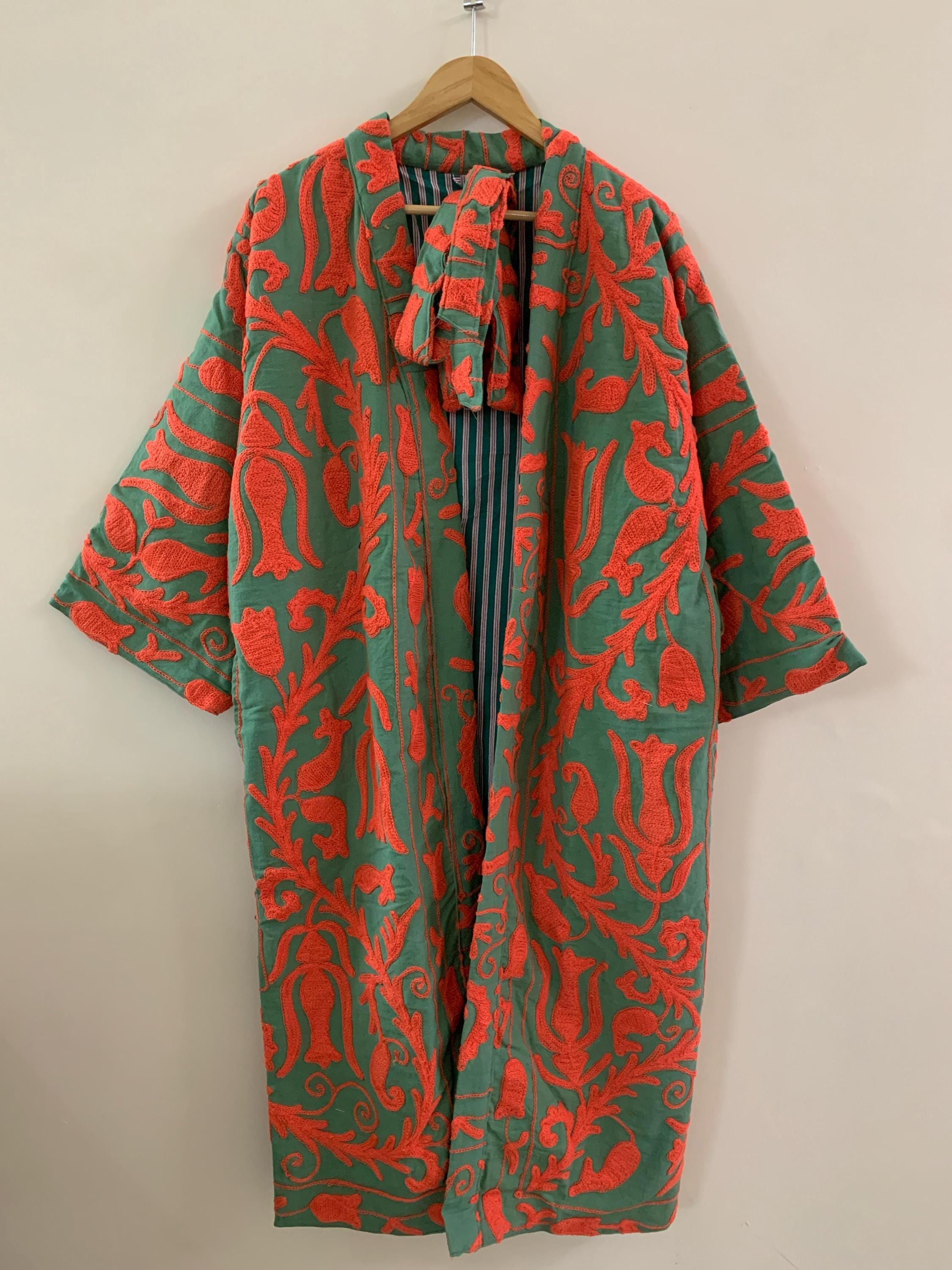 Vintage Canvas Cotton Kimono Summer Long Jacket | Hand Embroidered Robe | Boho Clothing | Statement Kimono | Dressing Gown | Gift For Wife