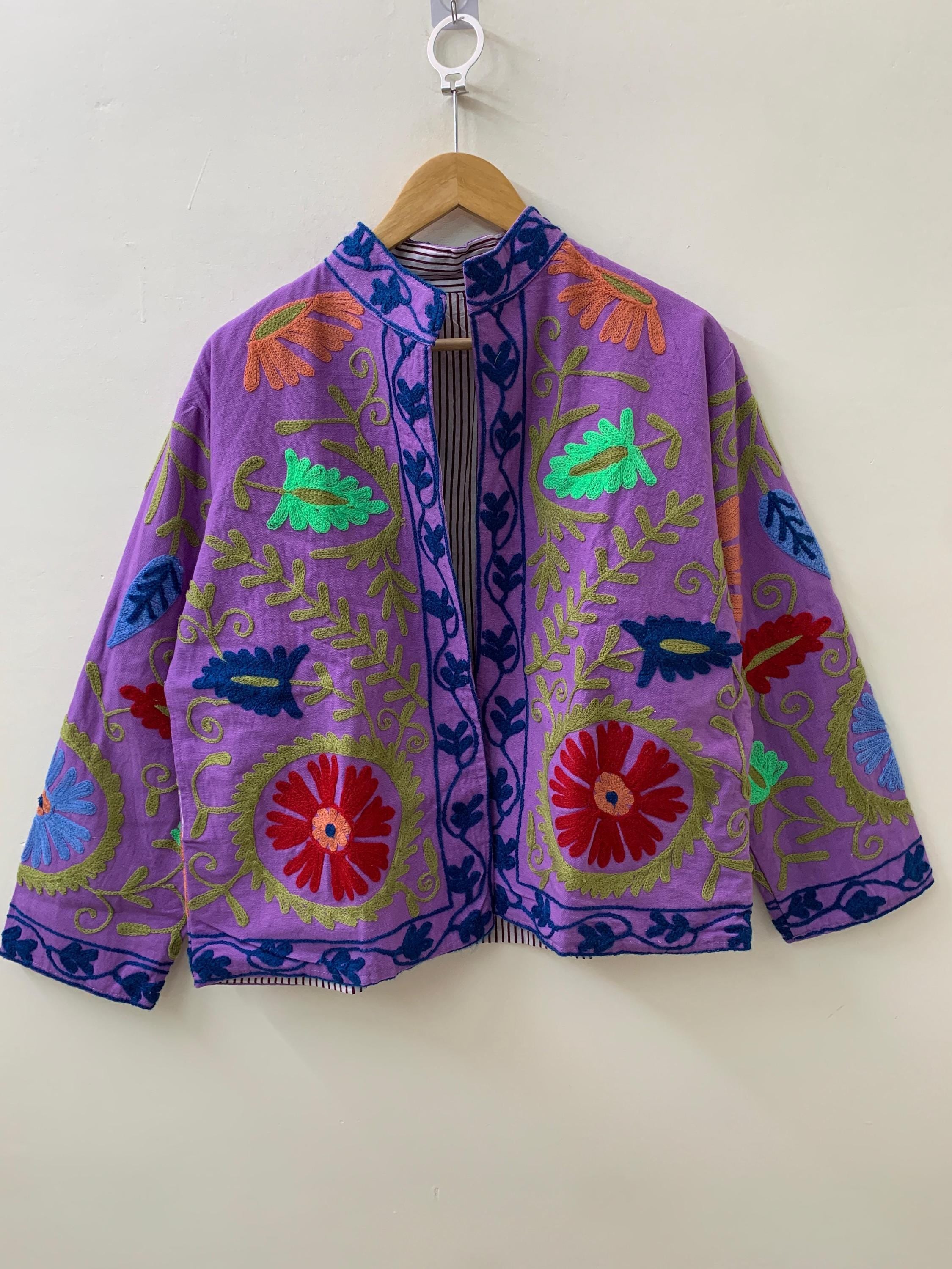 Lilac Suzani Cotton Short Embroidered Jacket | Spring Duster Jacket | Cotton Summer Coat | Vintage Style Winter Spring Jacket | Gift For Her