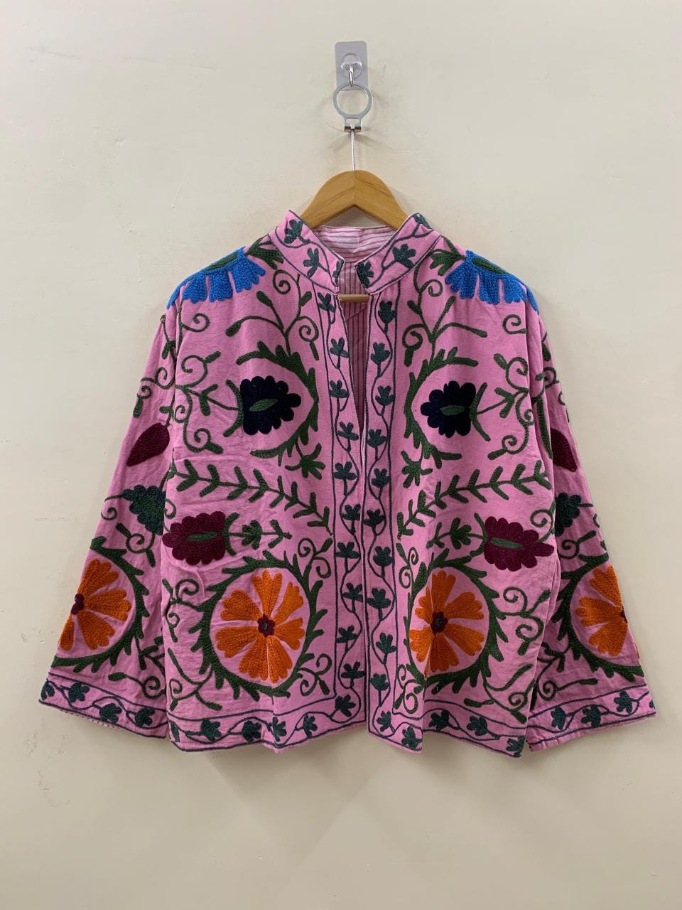 Pink Summer Cotton Suzani Short Soft Jacket – Festival Coat – Tribal Embroidered Outerwear | Spring Travel Coat | Winter wear | Gift For Her