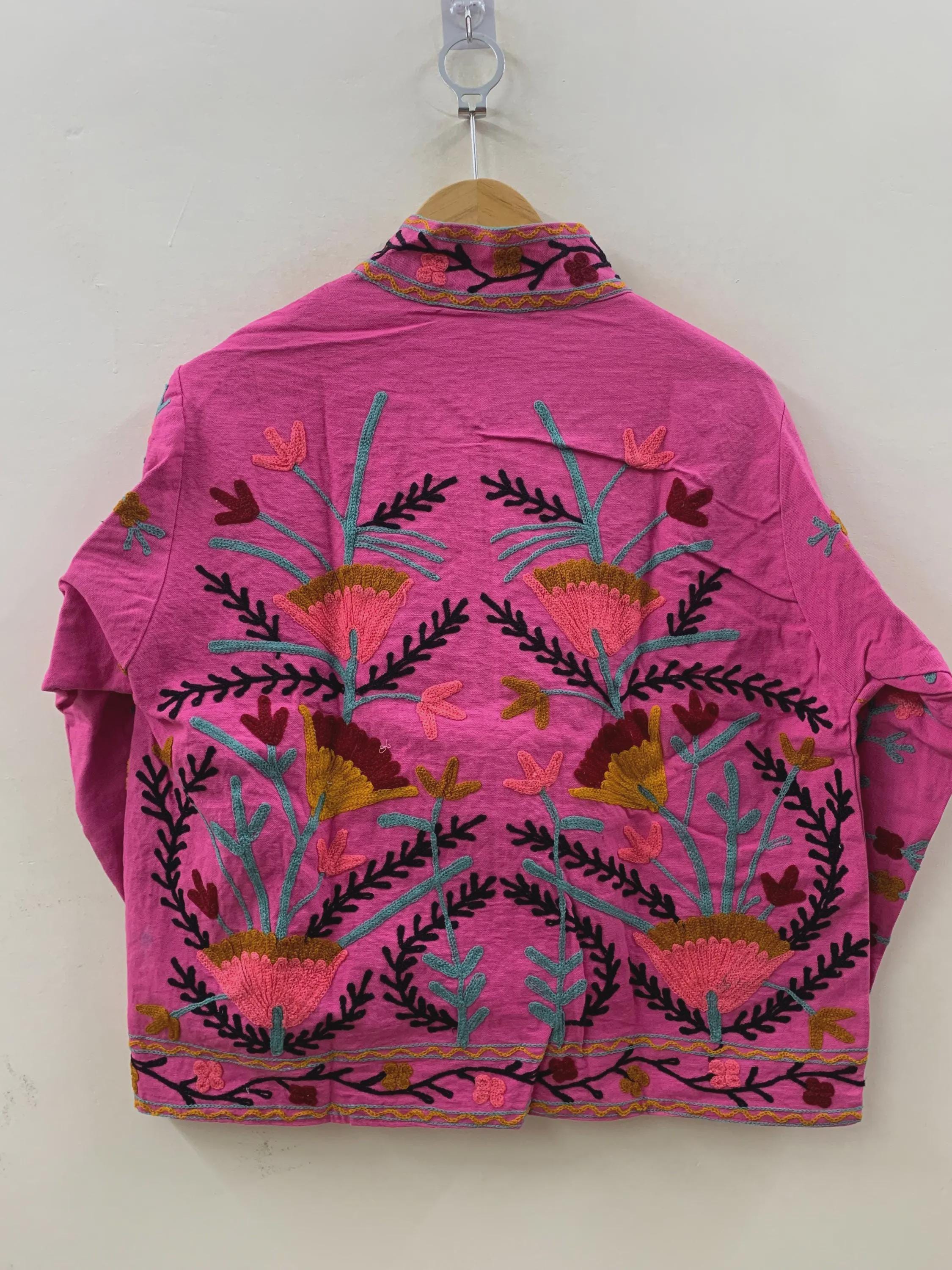Pink Cotton Suzani Short Jacket | Handmade Embroidered Boho Coat | Floral Bohemian Festival Jacket | Ethnic Artisan Outerwear | Gift for Her