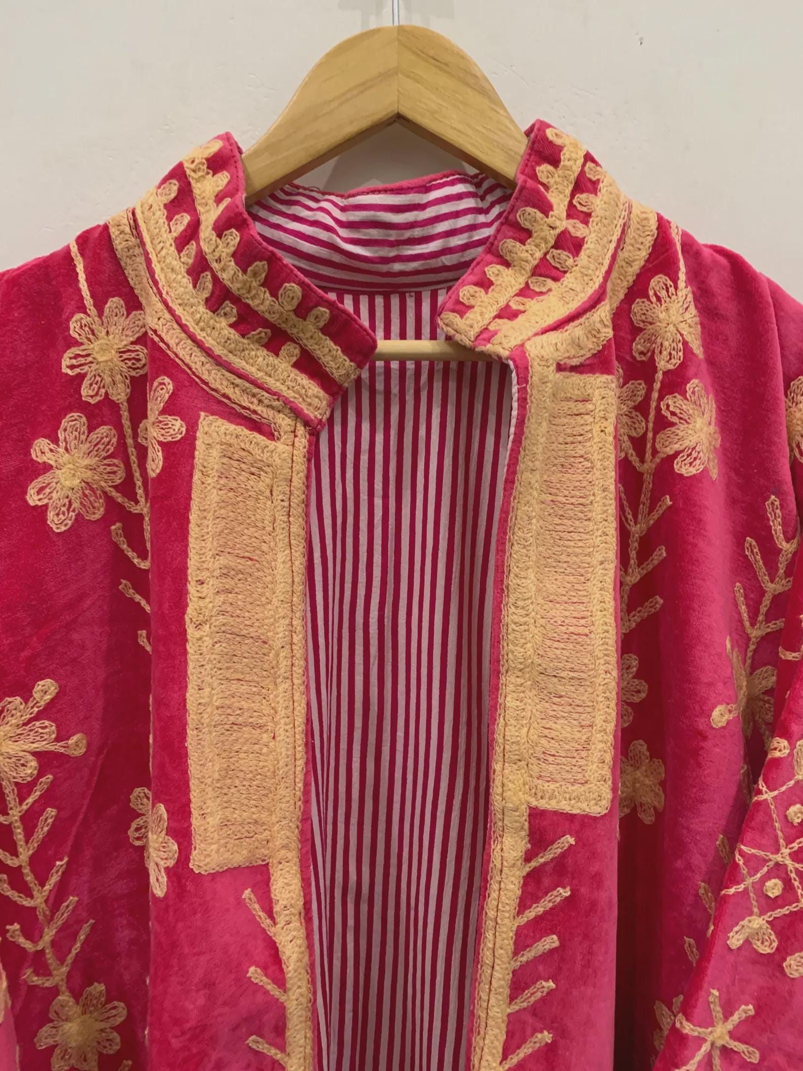 Red Long Suzani Kimono Jacket | Boho Embroidered Duster | Vintage Uzbek Coat