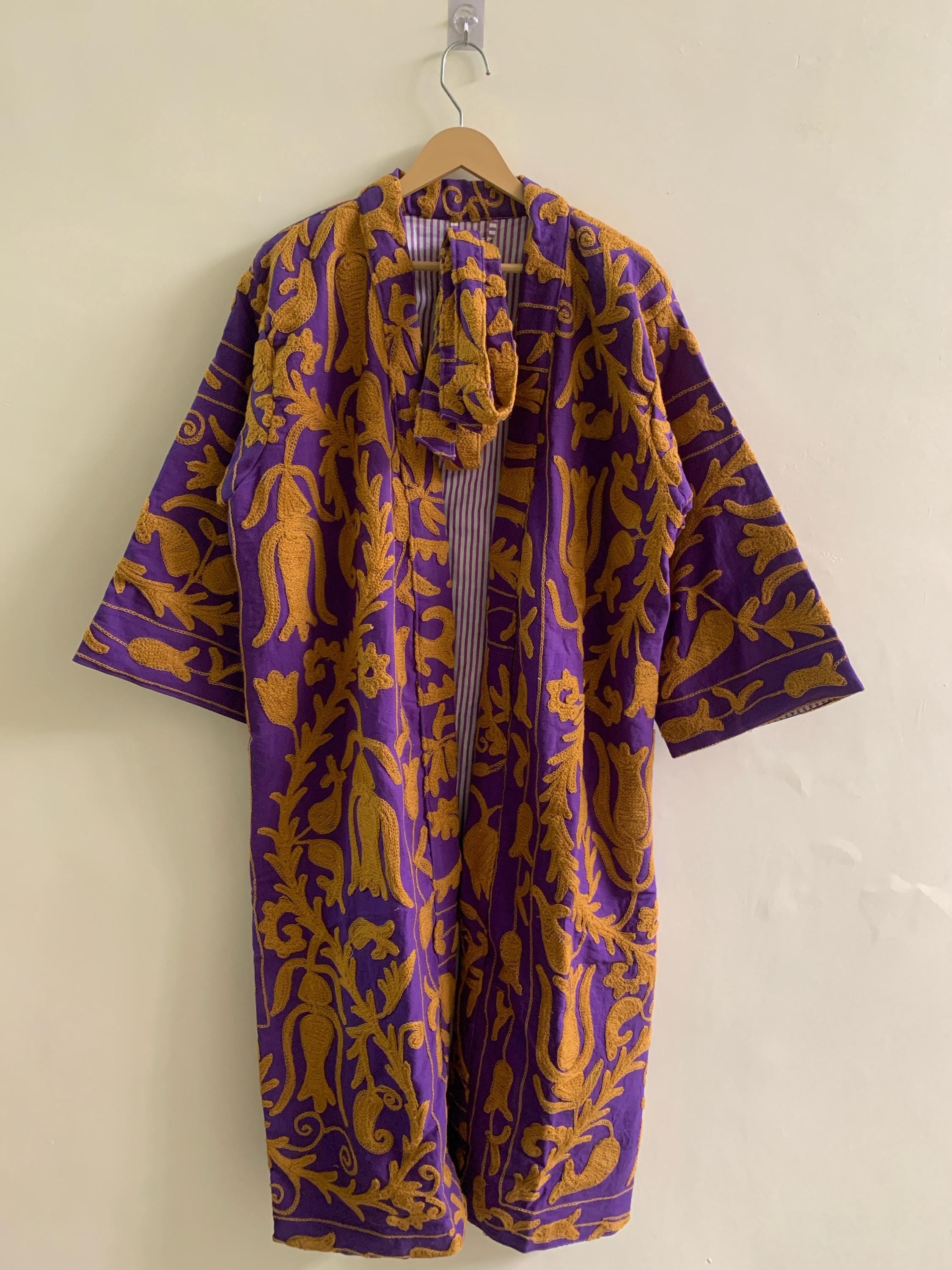 Boho Duster Kimono Jacket | Embroidered Unisex Kimono | Purple Cotton Canvas Robe | Beach Cover Up | Festival Wear | Gift for Her