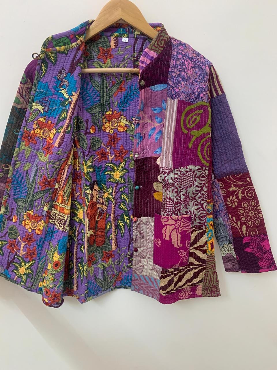 Pure Silk Reversible Patchwork Jacket | Kantha Blazer | Buttoned Quilted Coat |Handmade Vintage Fabric Jacket |Bohemian Outerwear |Gift idea