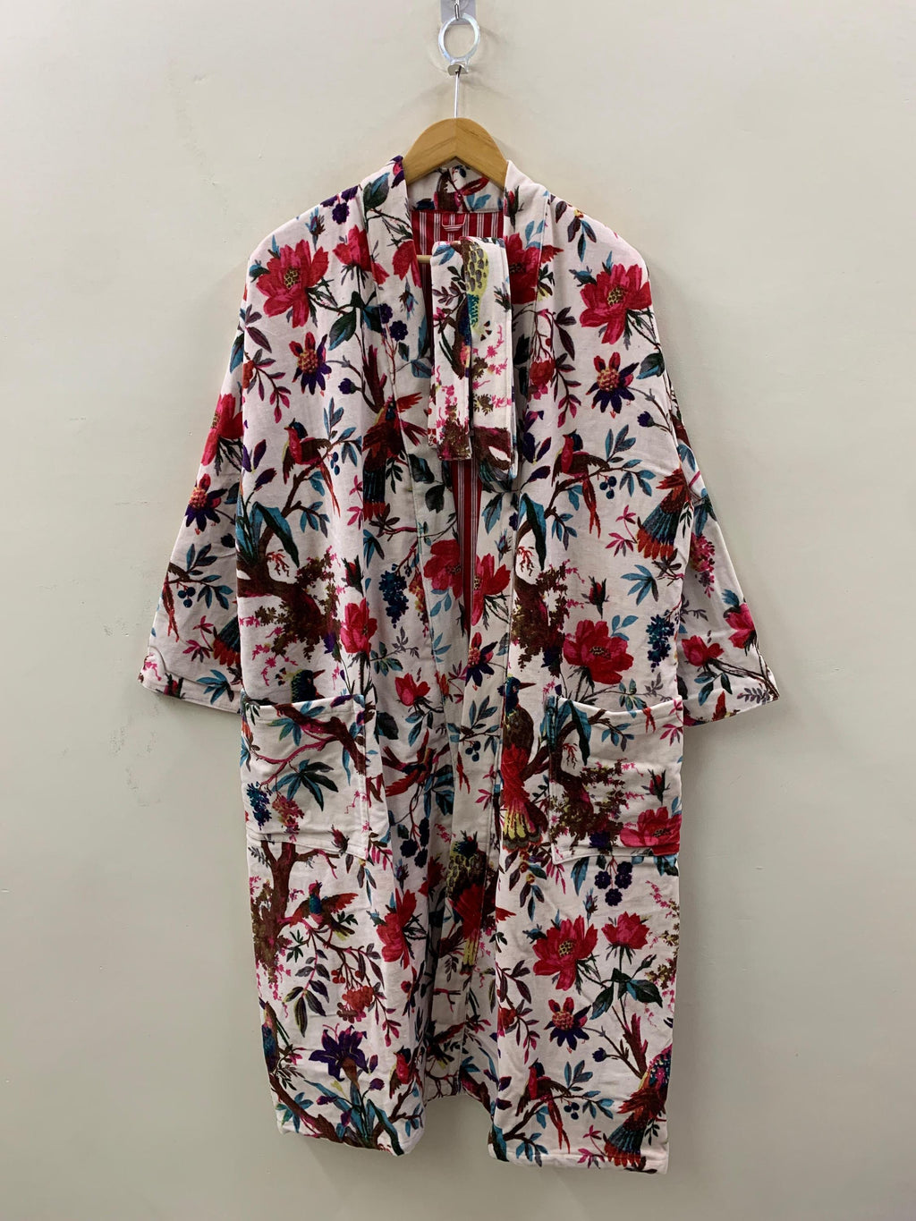 Floral Velvet Winter Kimono Robe | Boho Lounge Wear | Pink Botanical Print Winter Robe with Belt | Women’s Warm Dressing Gown | Gift for Her