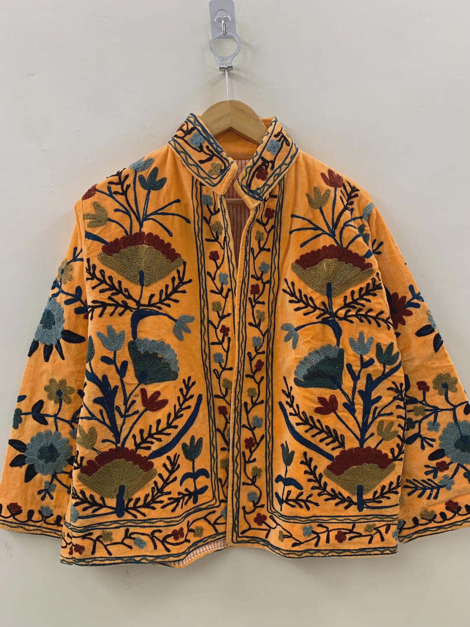 Ethnic Traditional Suzani Velvet Winter Jacket | Handmade Embroidered Boho Coat | Short Festival Kimono Outerwear | Gift for Her