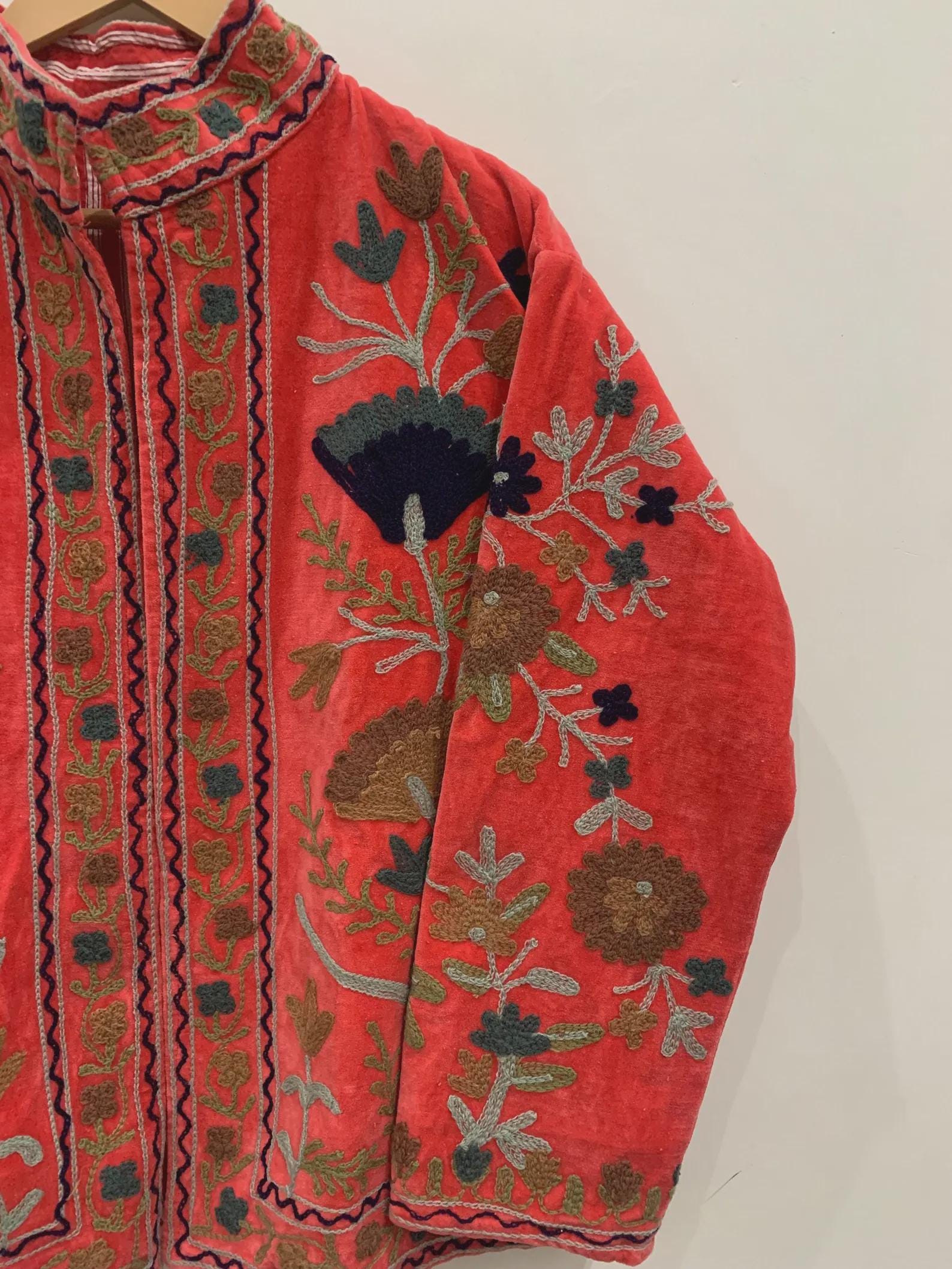 Red Velvet Suzani Hand Embroidered Jacket | Winter Jacket | Unisex Coat | Vintage Bohemian Jacket | Warm Outerwear | Gift for Her