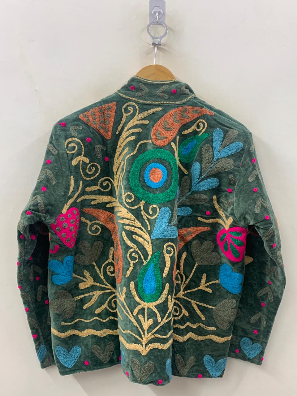 Green Boho Suzani Embroidered Velvet Jacket | Vintage Style Winter Coat | Gift For Her | Ethnic Fashion Coat | Gypsy Style Coat