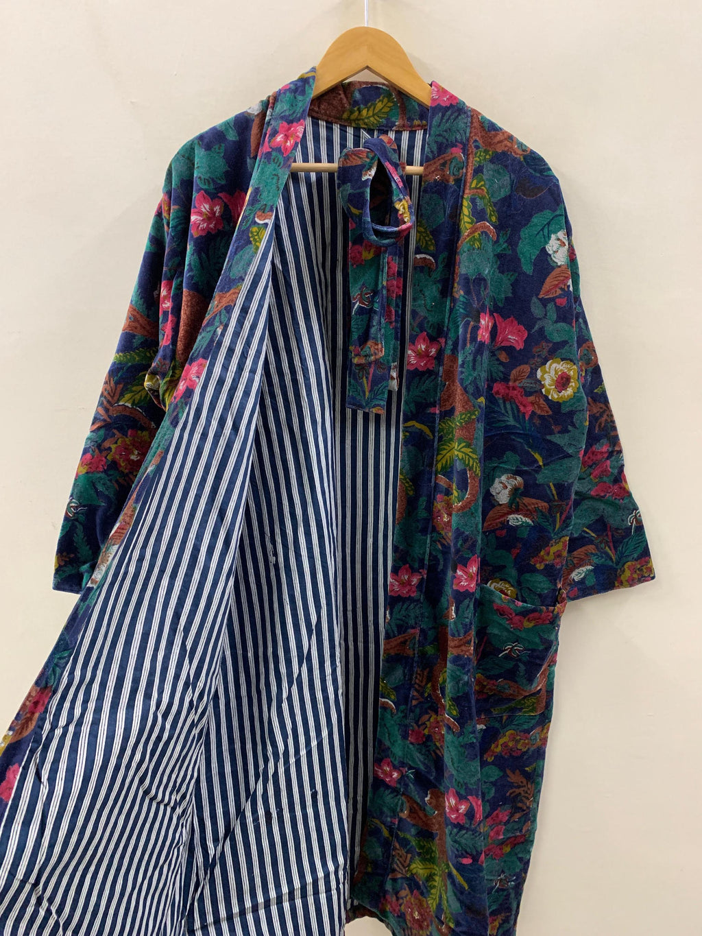 Green Jungle Velvet Kimono Robe | Tropical Animal Print Loungewear | Cheetah & Bird Pattern |Safari Dressing Gown with Belt | Women's Kimono