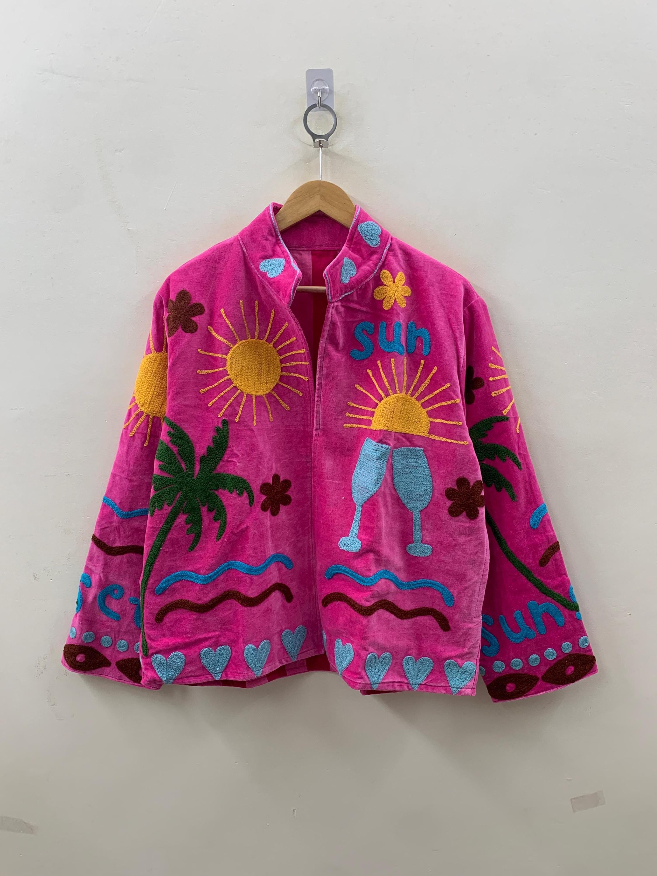 Bright Pink Velvet Suzani Short Jacket-Sun, Palm, Moon & Heart Design |Embroidered Statement Coat |  |Colorful Festival Jacket |Duster Coat