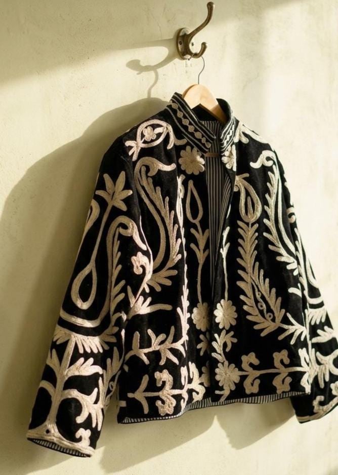 Black Suzani Embroidered Velvet Winter Jacket | Short Festival Coat | Ethnic Bohemian Outerwear | Winter Kimono Jacket | Gift For Wife