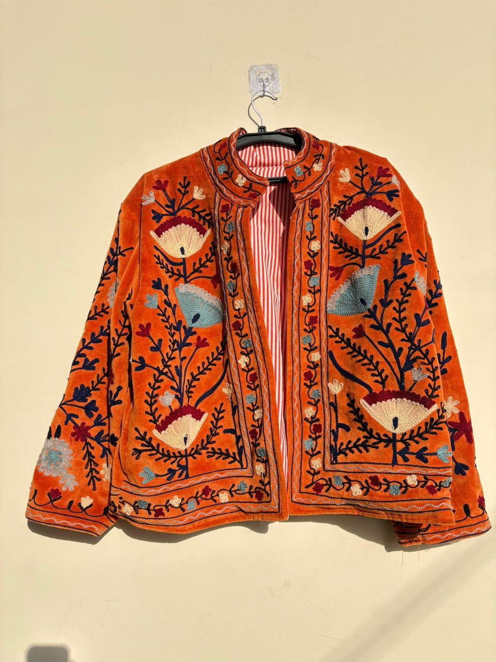 Orange Suzani Embroidered Velvet Jacket | Boho Coat | Ethnic Kimono Jacket | Warm Winter Outerwear | Gift for Her | Cropped Kimono Jacket