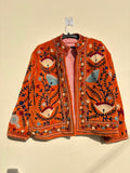 Orange Suzani Embroidered Velvet Jacket | Boho Coat | Ethnic Kimono Jacket | Warm Winter Outerwear | Gift for Her | Cropped Kimono Jacket
