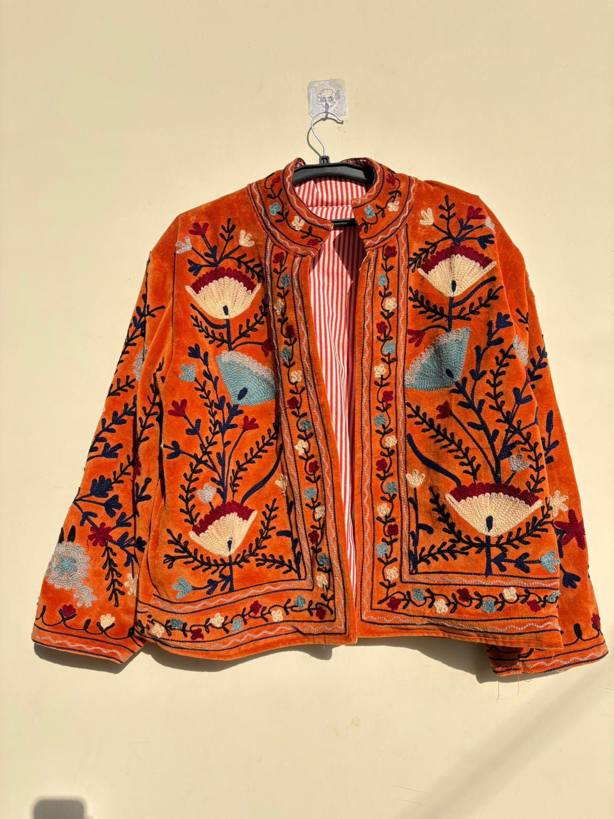 Orange Suzani Embroidered Velvet Jacket | Boho Coat | Ethnic Kimono Jacket | Warm Winter Outerwear | Gift for Her | Cropped Kimono Jacket