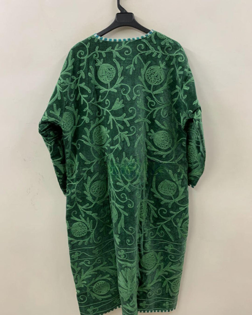 Green Long Suzani Kimono Jacket | Boho Embroidered Duster | Vintage Uzbek Coat | Gift For Her