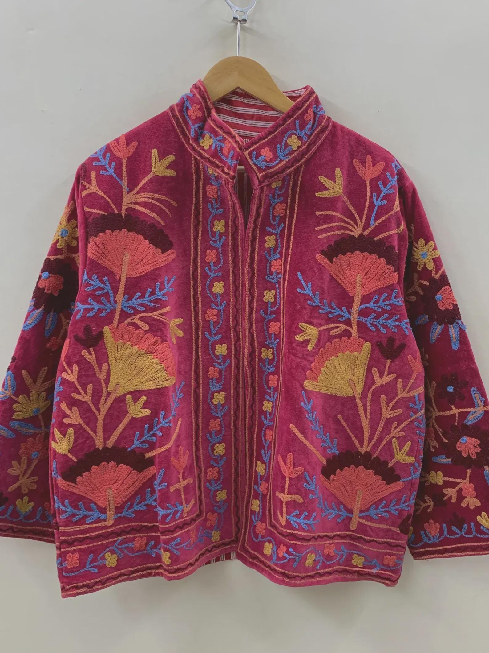 Ethnic Suzani Velvet Short Boho Jacket | Vintage Button Winter Coat | Short Jacket | Spring Bomber Jacket | Gift For Her | Suzani Pink Coat