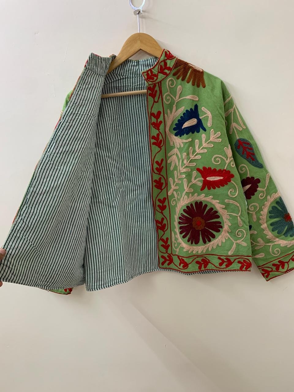 Green Suzani Cotton Short Coat, Women's Jacket, Indian Cotton Handmade Embroidery Coat, Suzani Cotton Boho Jacket, Gift For Her, Suzani Coat