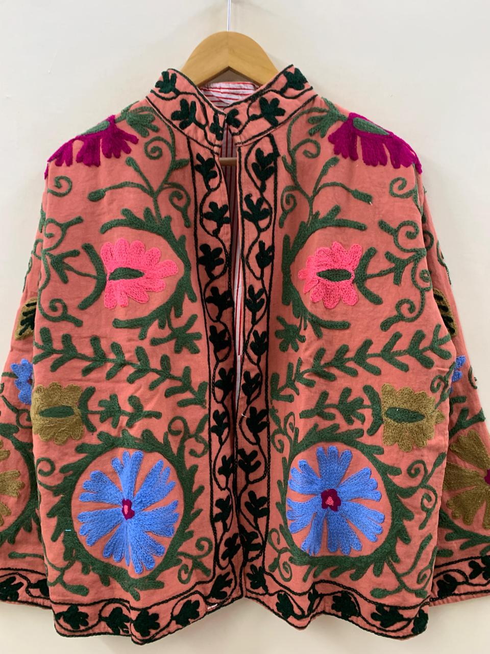 Suzani Cotton Short Coat, Women's Jacket, Indian Cotton Handmade Embroidery Coat, Suzani Cotton Boho Jacket, Gift For Her, Boho Suzani Coat