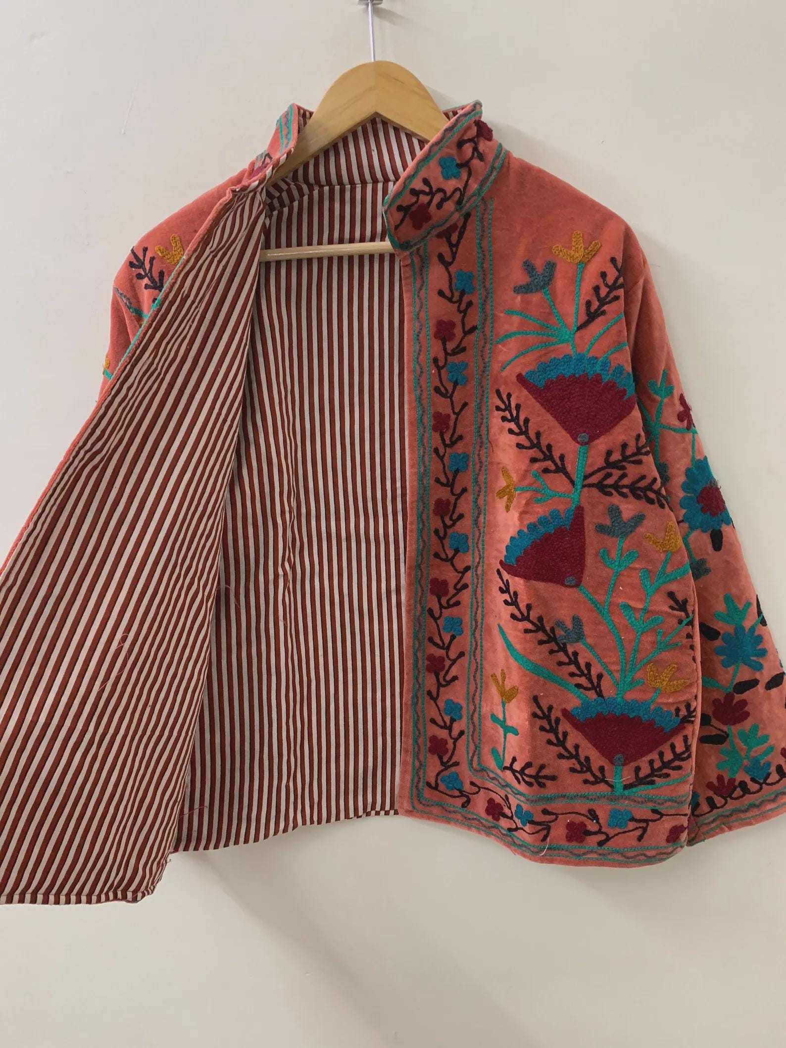 Handmade Suzani Embroidered Velvet Winter Jacket | Ethnic Boho Festival Coat | Short Kimono Outerwear | Gift for Her
