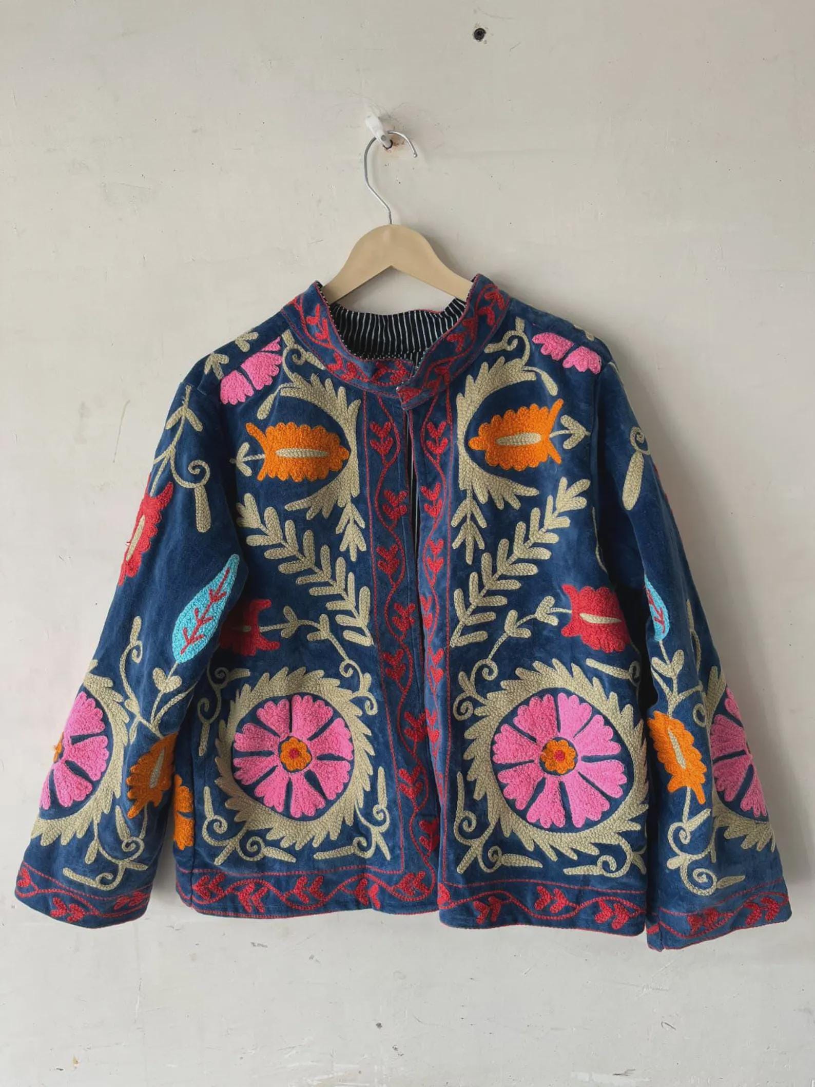 Blue Suzani Velvet Short Jacket | Vintage Winter Coat | Short Ethnic Jacket | Spring Bomber Jacket | Gift For Her | Suzani Outerwear