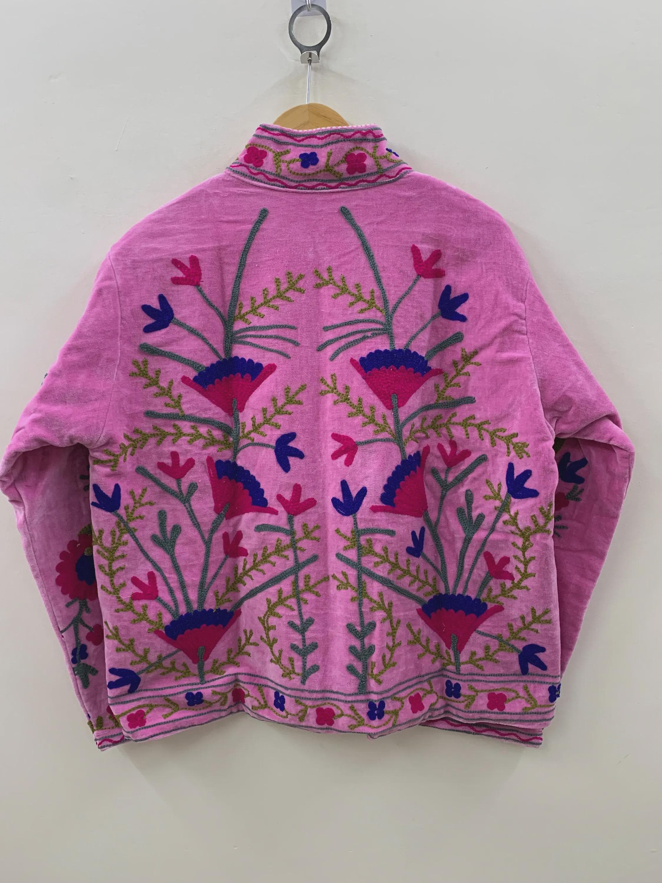 Pink Floral Suzani Embroidered Short Jacket | Kimono Jacket | Short Coat | Velvet Winter Outerwear | Ethnic Fashion Jacket | Gift for Her