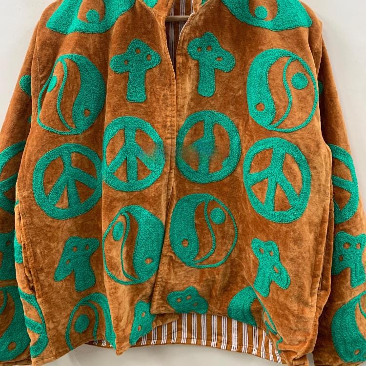 Mustard Velvet Suzani Short Jacket | Boho Embroidered Coat with Peace & Yin-Yang Motifs | Gift For Her |Winter Jacket |Ethnic Artisan Jacket