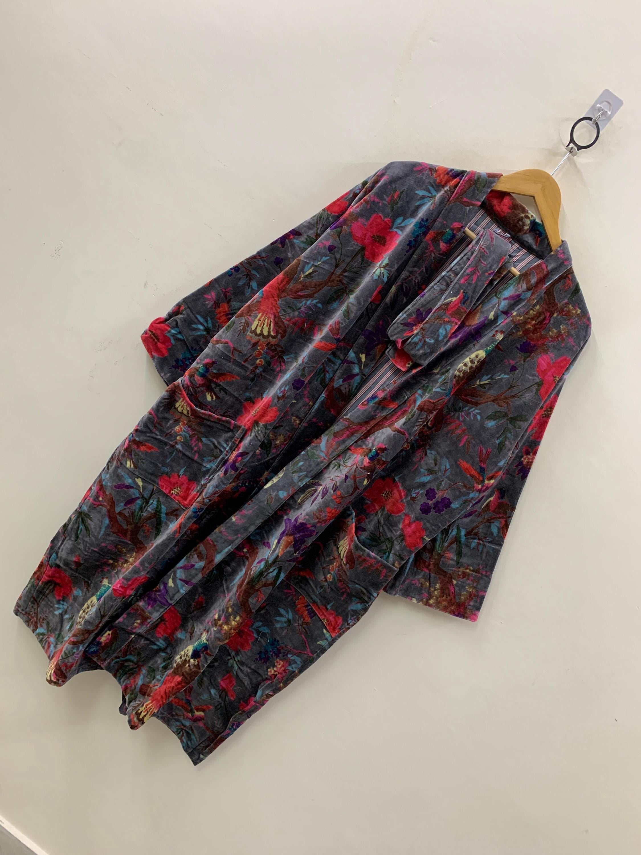 Velvet Floral Kimono Robe | Bohemian Loungewear | Vintage Wrap Robe with Belt | Women’s Boho Dressing Gown | Resort Wear | Gift For Wife