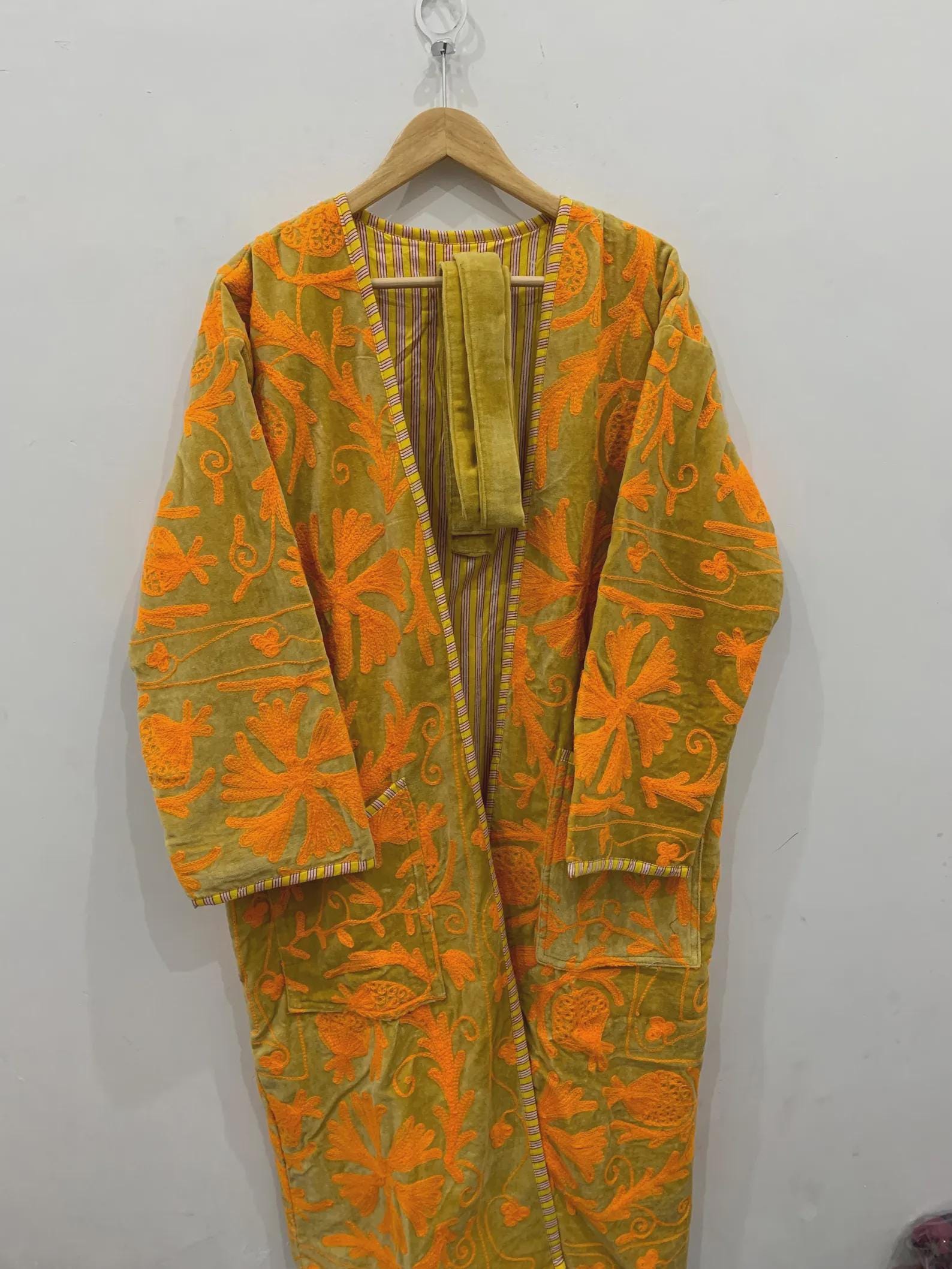 Handmade Bohemian Long Suzani Kimono Robe | Vintage Embroidered Duster Jacket | Uzbek Coat | Boho Festival Outfit | One Size | Duster Robe