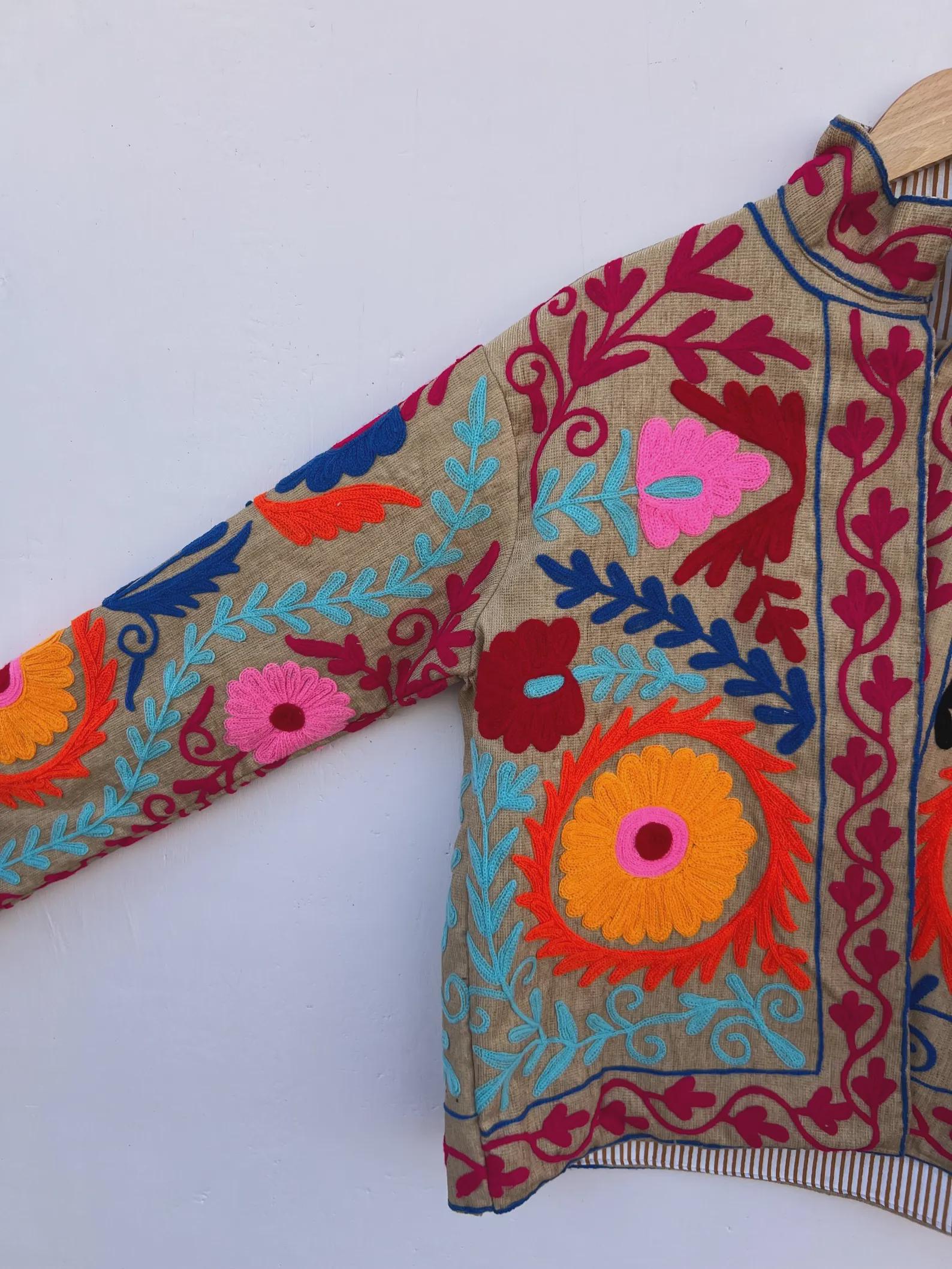Embroidered Suzani Cotton Boho TNT Jacket | Handmade Floral Winter Coat |Gift For Her
