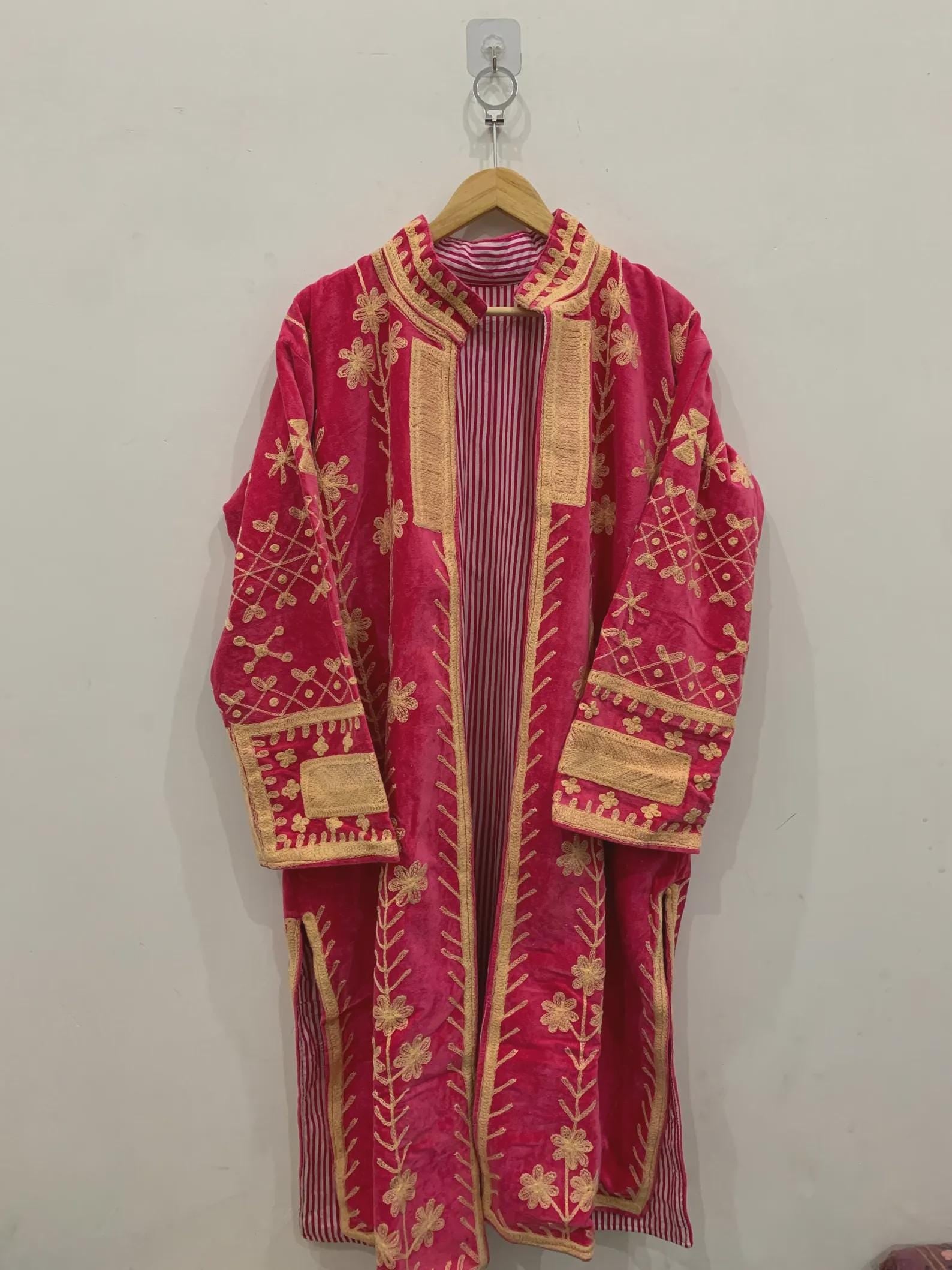 Red Long Suzani Kimono Jacket | Boho Embroidered Duster | Vintage Uzbek Coat