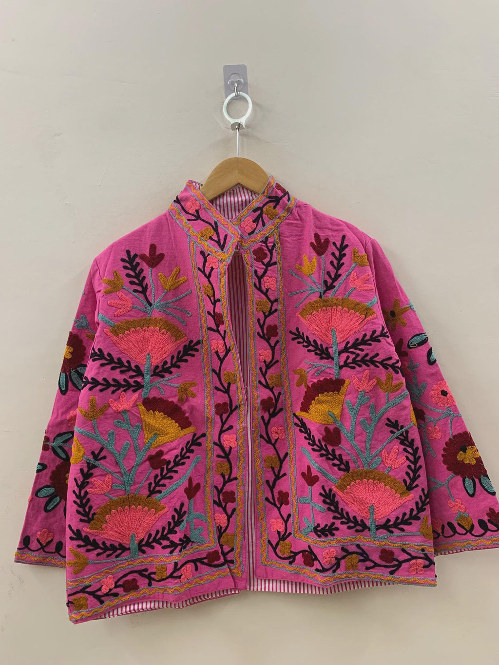 Pink Cotton Suzani Short Jacket | Handmade Embroidered Boho Coat | Floral Bohemian Festival Jacket | Ethnic Artisan Outerwear | Gift for Her