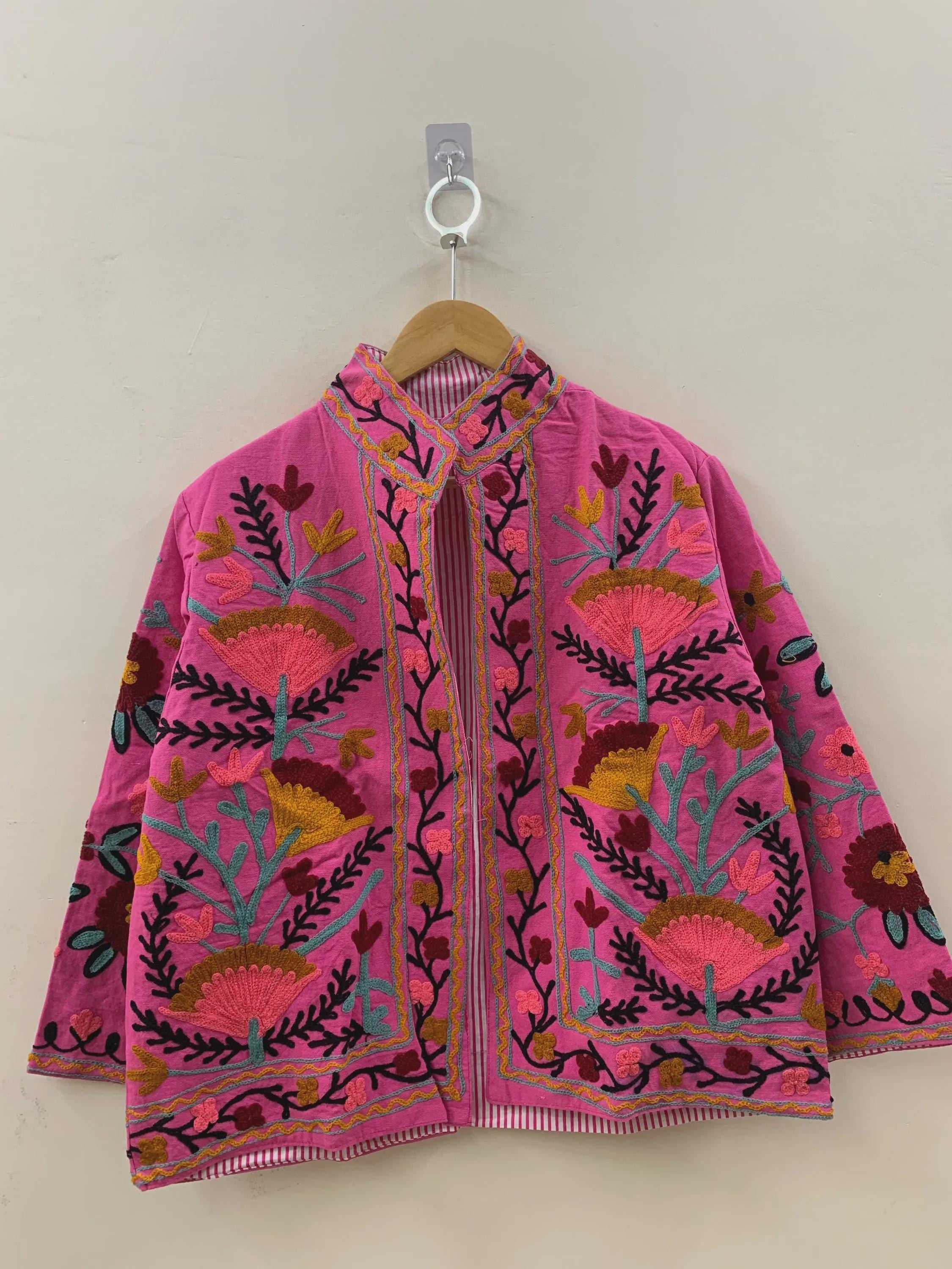 Pink Cotton Suzani Short Jacket | Handmade Embroidered Boho Coat | Floral Bohemian Festival Jacket | Ethnic Artisan Outerwear | Gift for Her