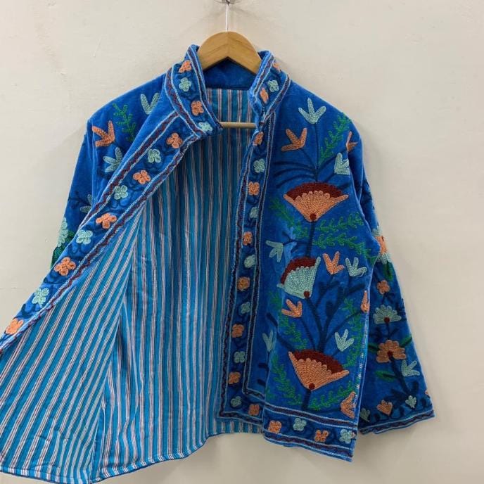Boho Embroidery Velvet Suzani Jacket | Indian Style Coat  | Unisex Jacket | Bridesmaid Gift | Winter Jacket | Kimono Jacket, Bomber Jacket