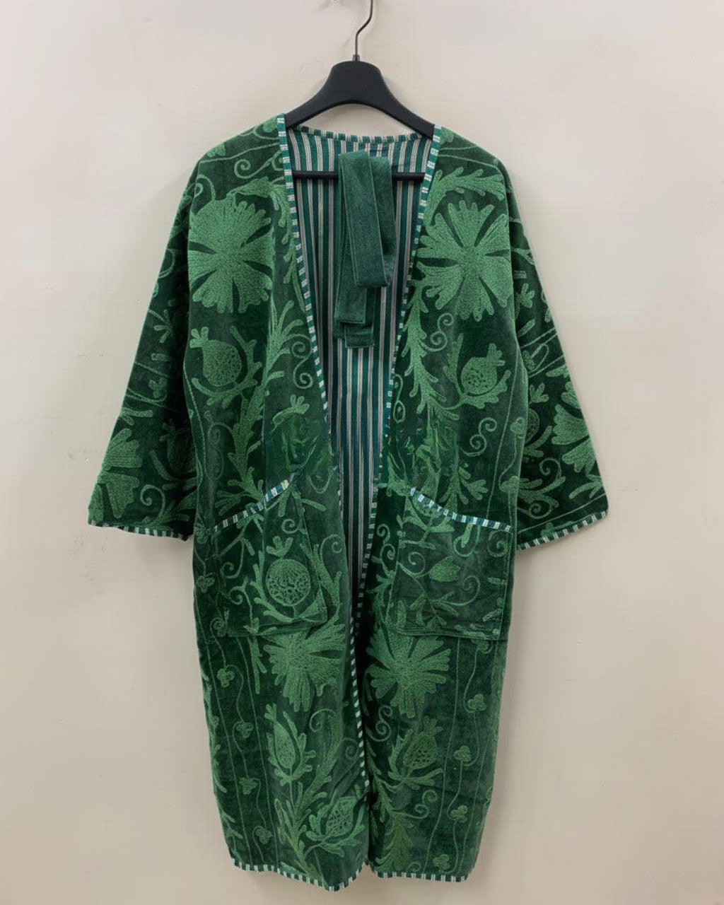 Green Long Suzani Kimono Jacket | Boho Embroidered Duster | Vintage Uzbek Coat | Gift For Her