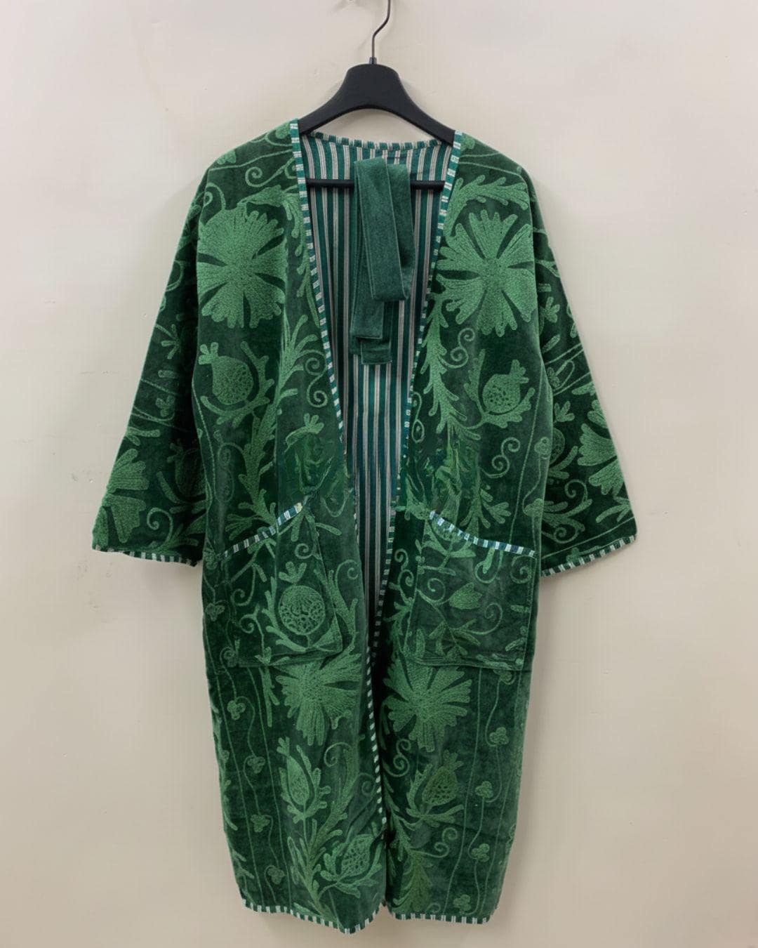 Green Long Suzani Kimono Jacket | Boho Embroidered Duster | Vintage Uzbek Coat | Gift For Her