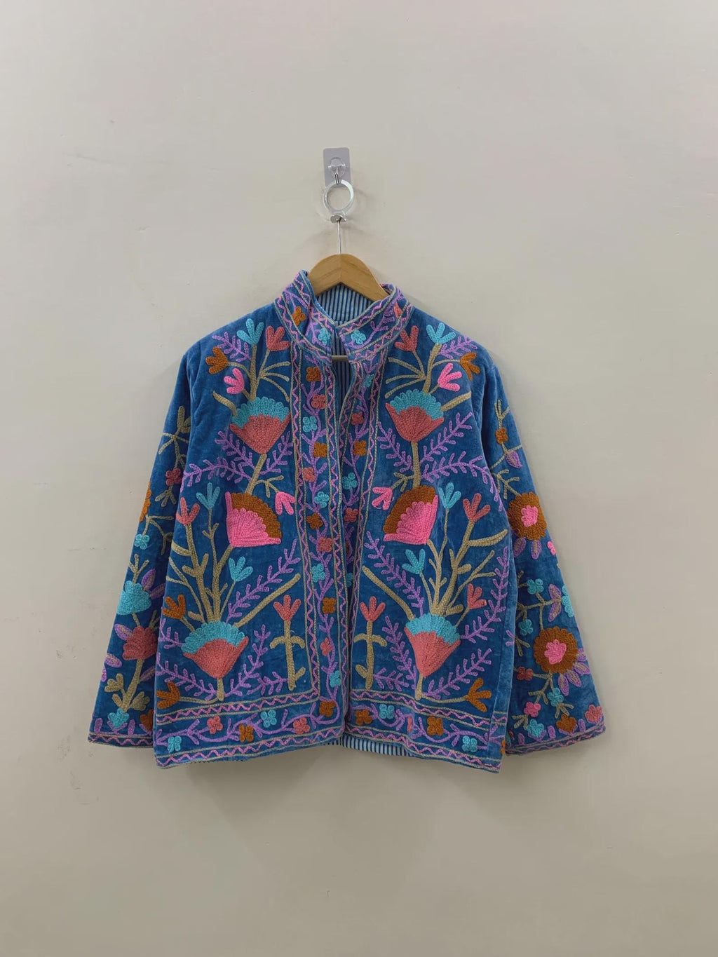 Blue Indian Embroidered Velvet Jacket | Suzani Coat | Festival Bohemian Clothing for Women | Handmade Vintage Style Suzani Jacket