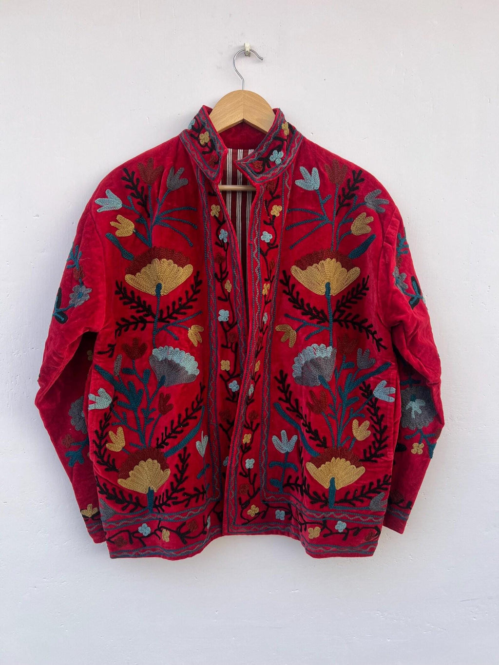 Red Hand Embroidered Velvet Suzani Jacket | Bohemian Festival Coat | Gift For Her | Winter Warm Kimono Coat  | Oversized Boho Jacket
