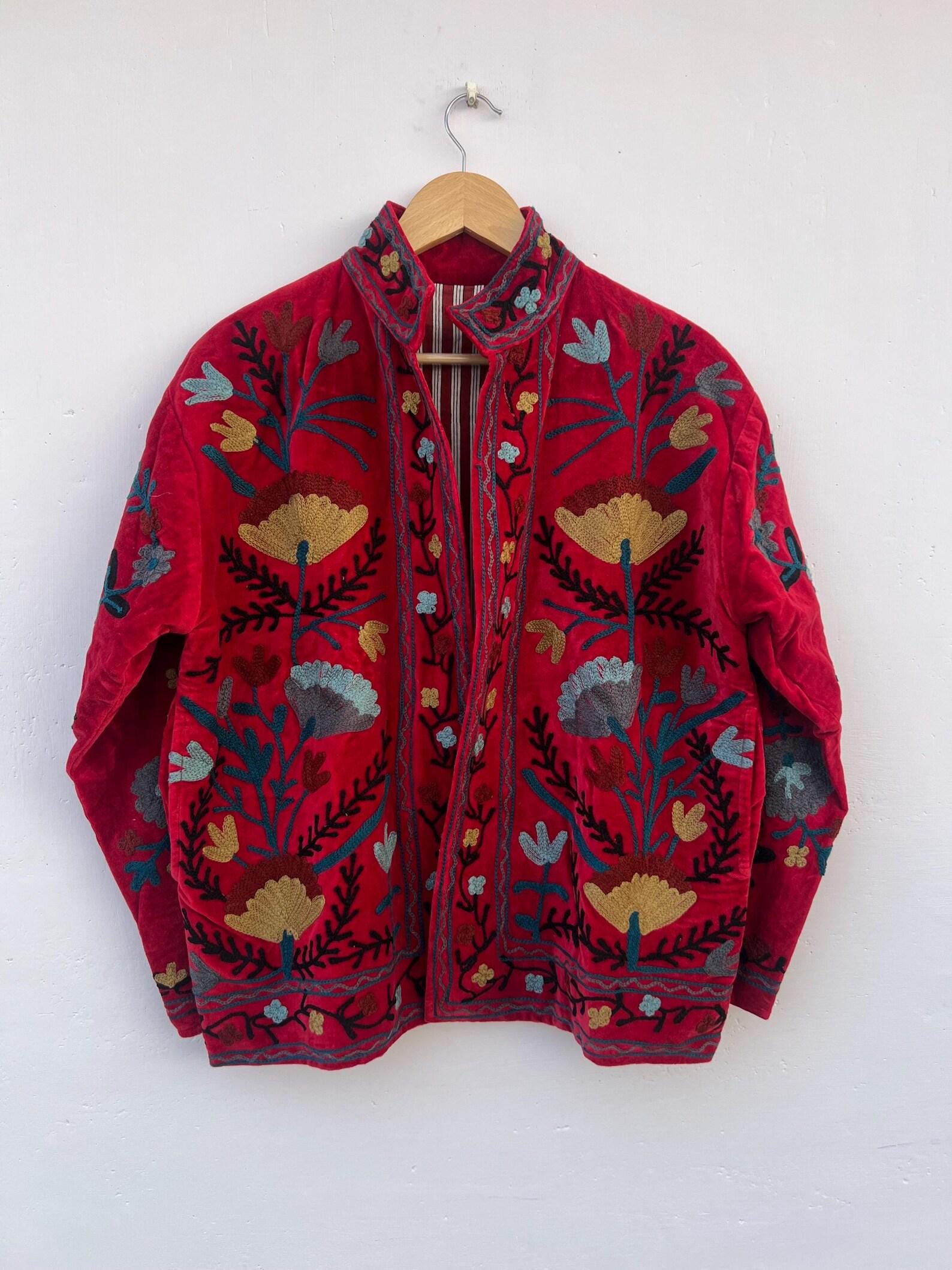Red Hand Embroidered Velvet Suzani Jacket | Bohemian Festival Coat | Gift For Her | Winter Warm Kimono Coat  | Oversized Boho Jacket