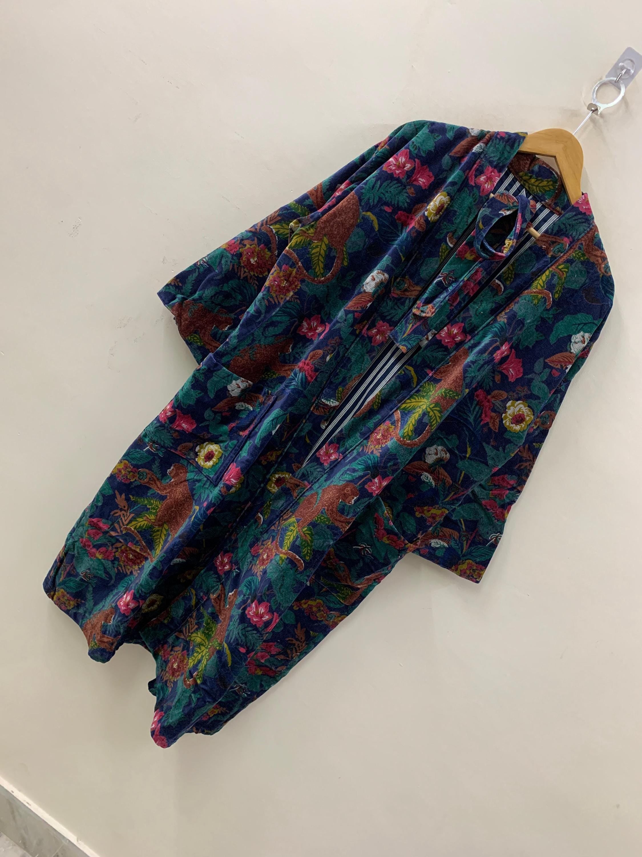 Green Jungle Velvet Kimono Robe | Tropical Animal Print Loungewear | Cheetah & Bird Pattern |Safari Dressing Gown with Belt | Women's Kimono