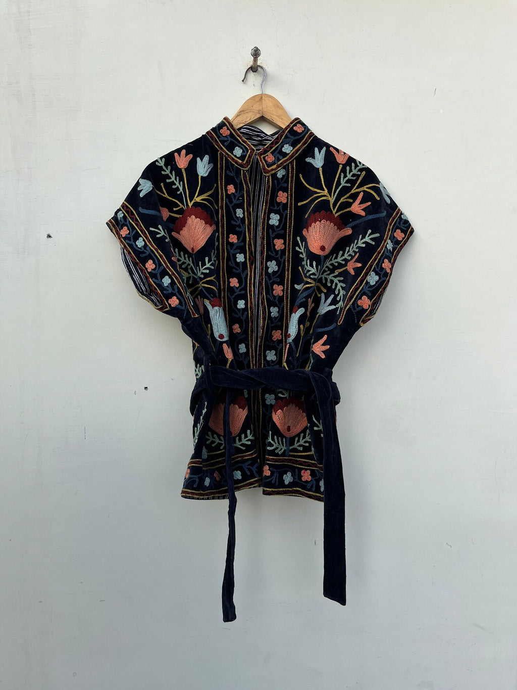 Black Velvet Suzani Embroidered Vest | Festival Waistcoat | Handmade Ethnic Jacket | Sleeveless Bohemian Waistcoat | Belted Vintage Vest