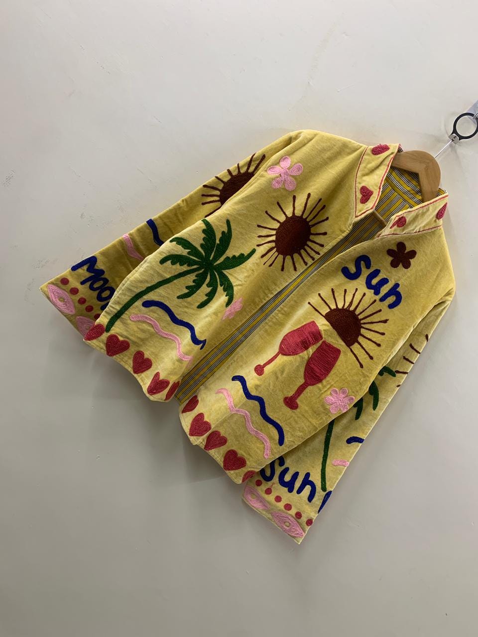 Handmade Velvet Suzani Jacket | Boho Embroidered Statement Coat | Sun, Palm, Moon & Heart Design | Colorful Festival Jacket | Duster Coat