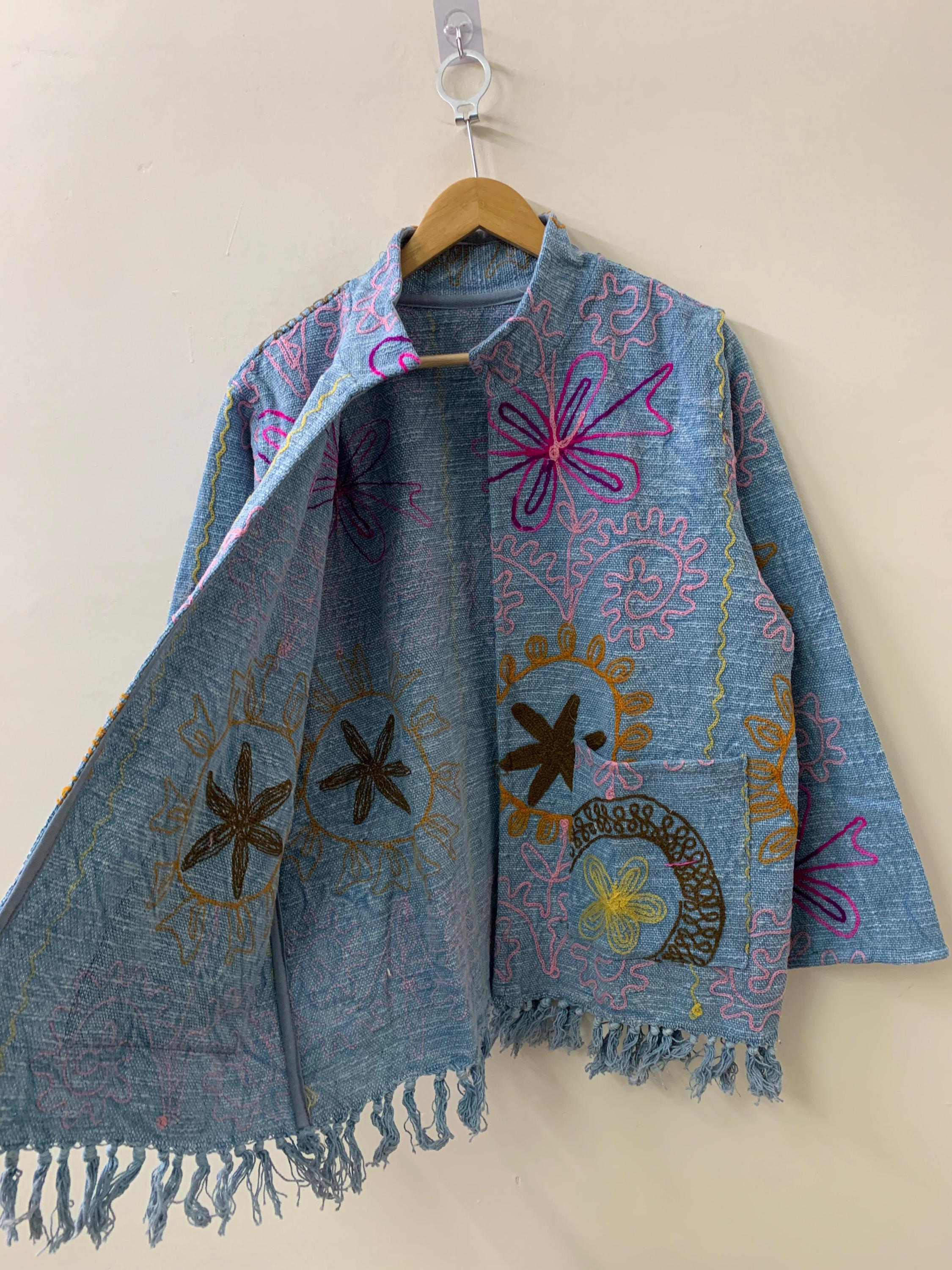 Bohemian Ethnic Cotton Suzani Embroidered Kimono Throw | Tribal Shrug | Spring Festival Coat | Artistic Duster Jacket