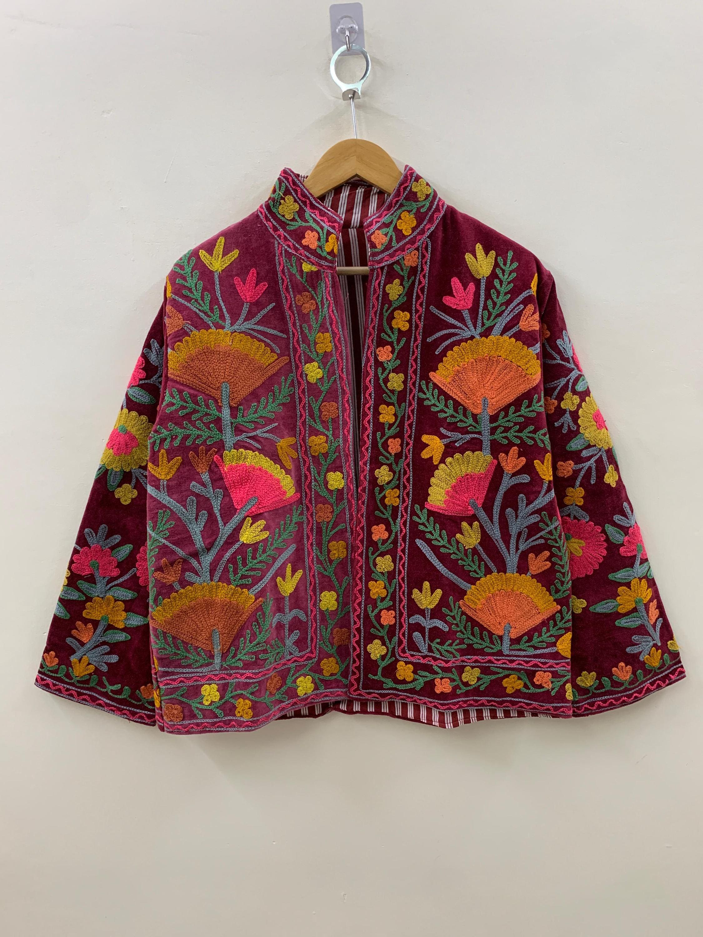 Red Suzani Velvet Short Jacket | Vintage Button Winter Coat | Short Ethnic Jacket | Spring Bomber Jacket | Gift For Her | Suzani Outerwear