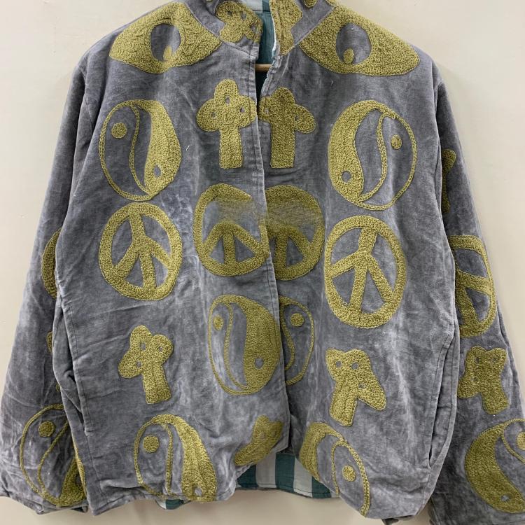 Handmade Velvet Suzani Jacket – Boho Embroidered Coat with Peace & Yin-Yang Motifs | Gift For Her | Winter Kimono Jacket