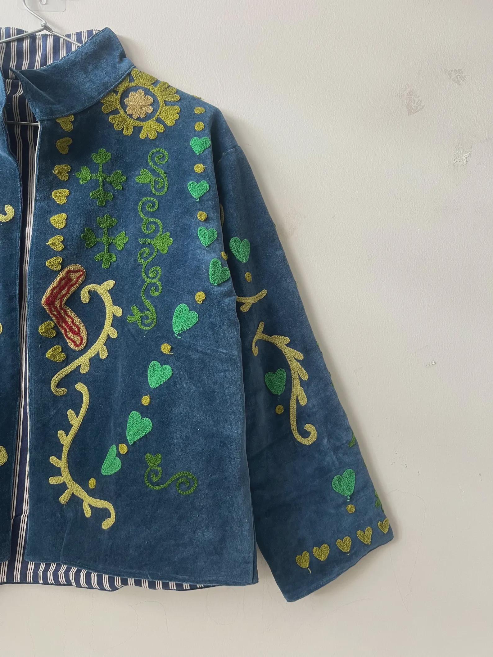 Bohemian Velvet Suzani Embroidered Coat | Floral Statement Jacket | Ethnic Duster Outerwear | Bomber Style Jacket |Gift For her