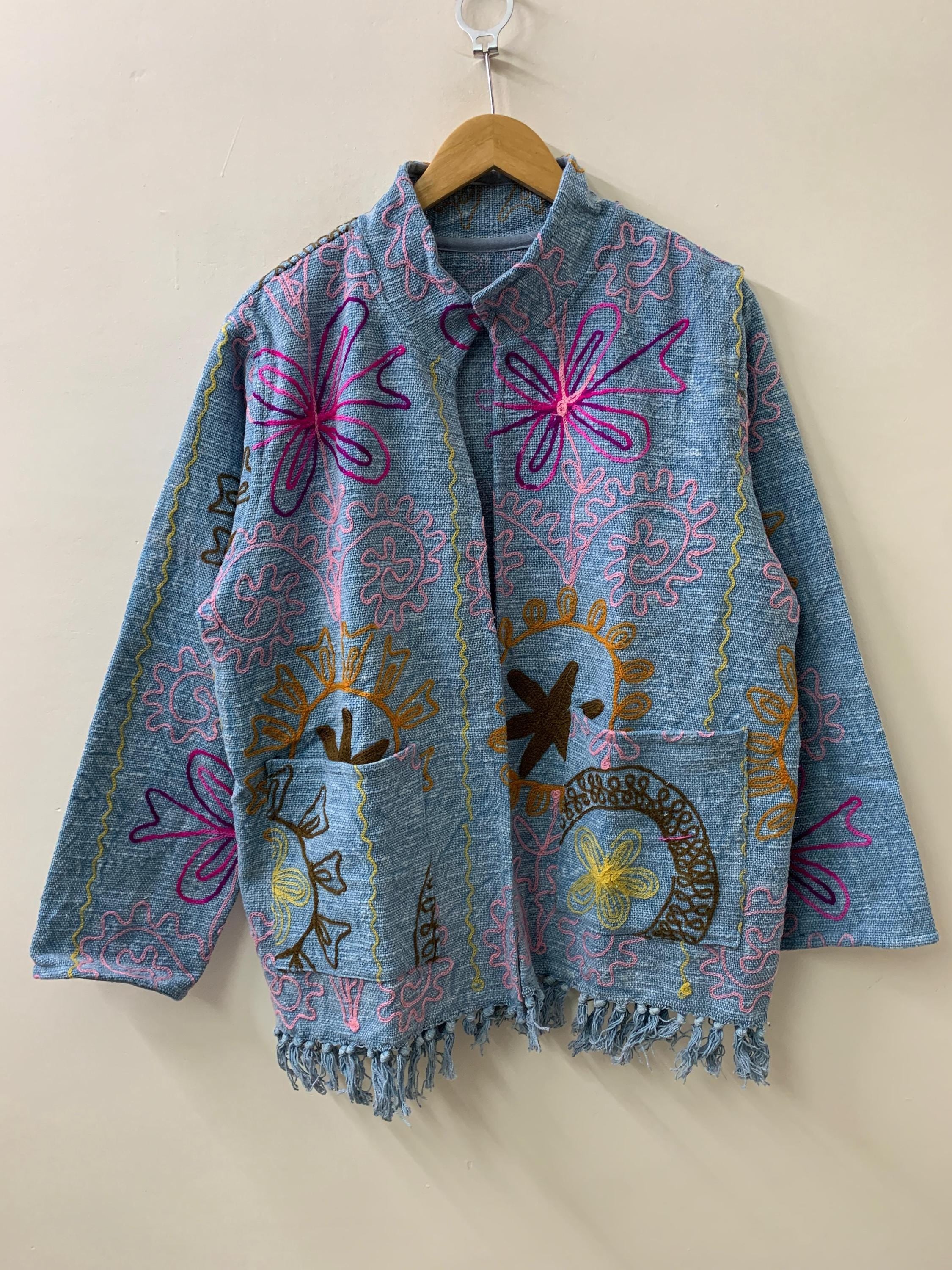 Bohemian Ethnic Cotton Suzani Embroidered Kimono Throw | Tribal Shrug | Spring Festival Coat | Artistic Duster Jacket