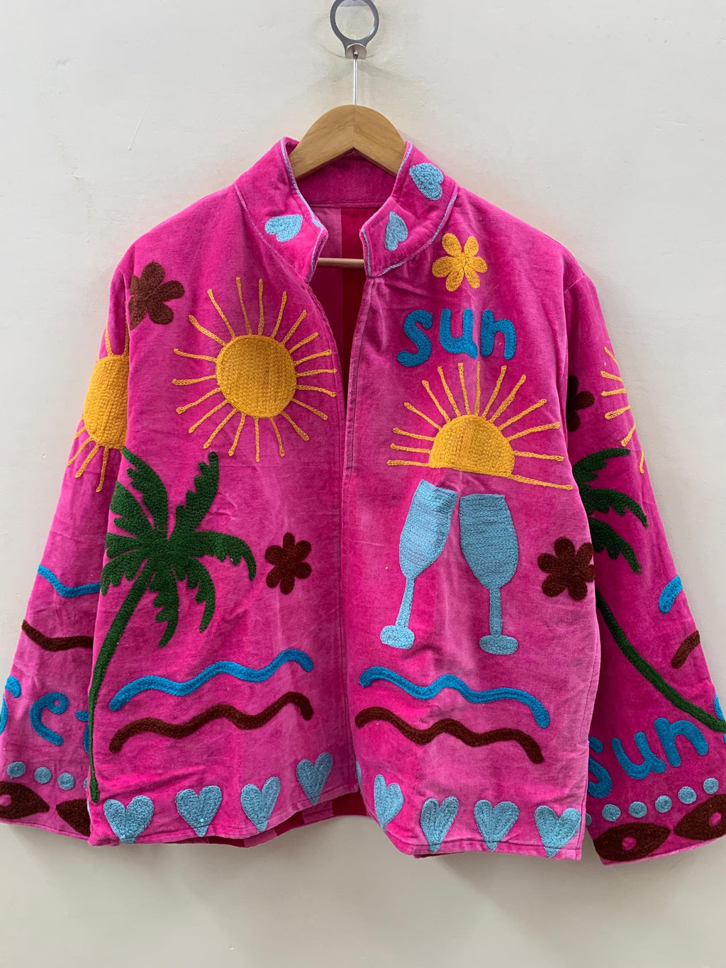 Bright Pink Velvet Suzani Short Jacket-Sun, Palm, Moon & Heart Design |Embroidered Statement Coat |  |Colorful Festival Jacket |Duster Coat